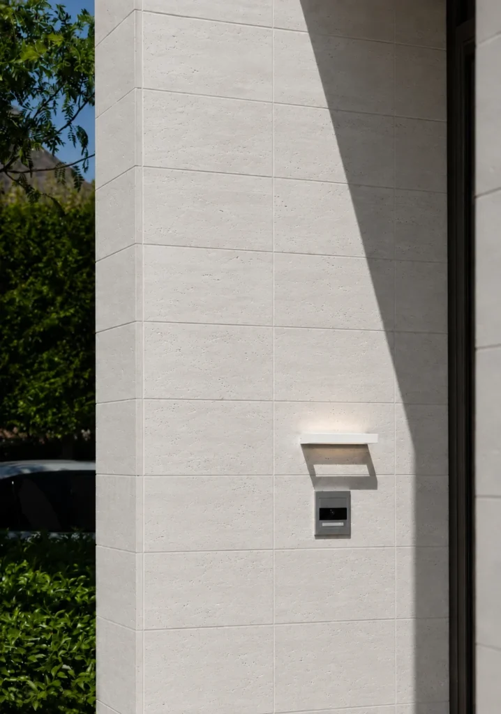 Light 3D toned travertine surface with clean panel joints on a modern exterior entrance wall