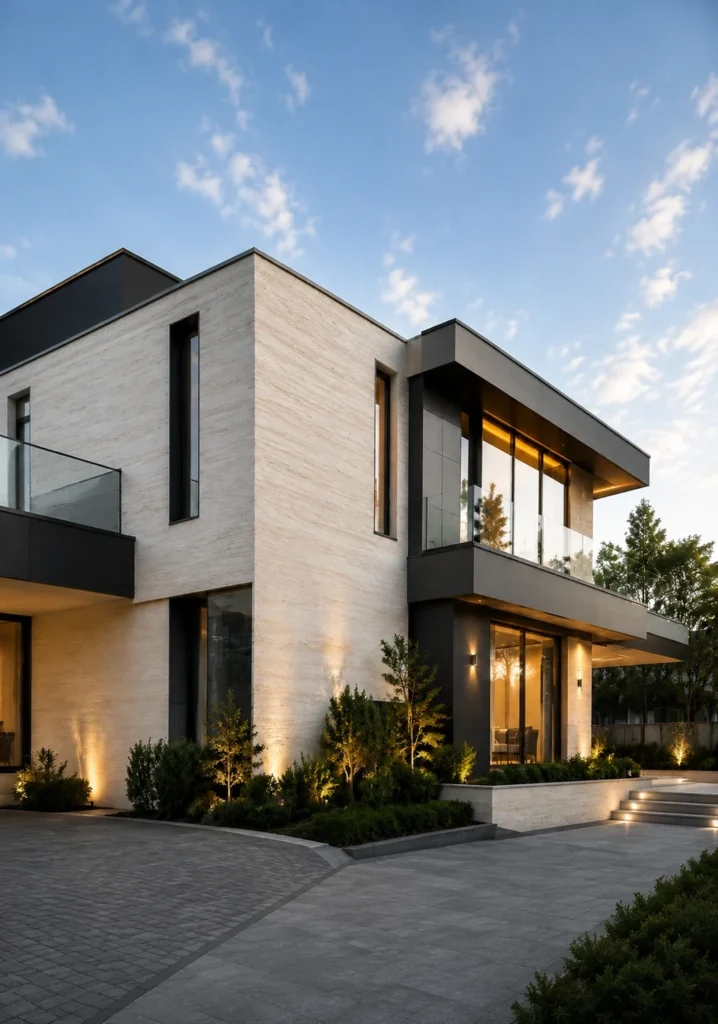 3D toned travertine facade finish on a modern villa with horizontal stone texture