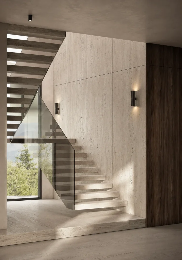 3D toned travertine wall finish beside a floating staircase in a modern interior