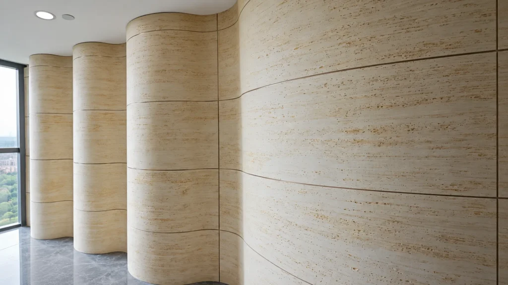 Beige travertine flexible stone installed on curved interior walls