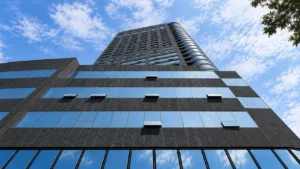Dark textured exterior cladding on a modern high-rise building with reflective glass windows