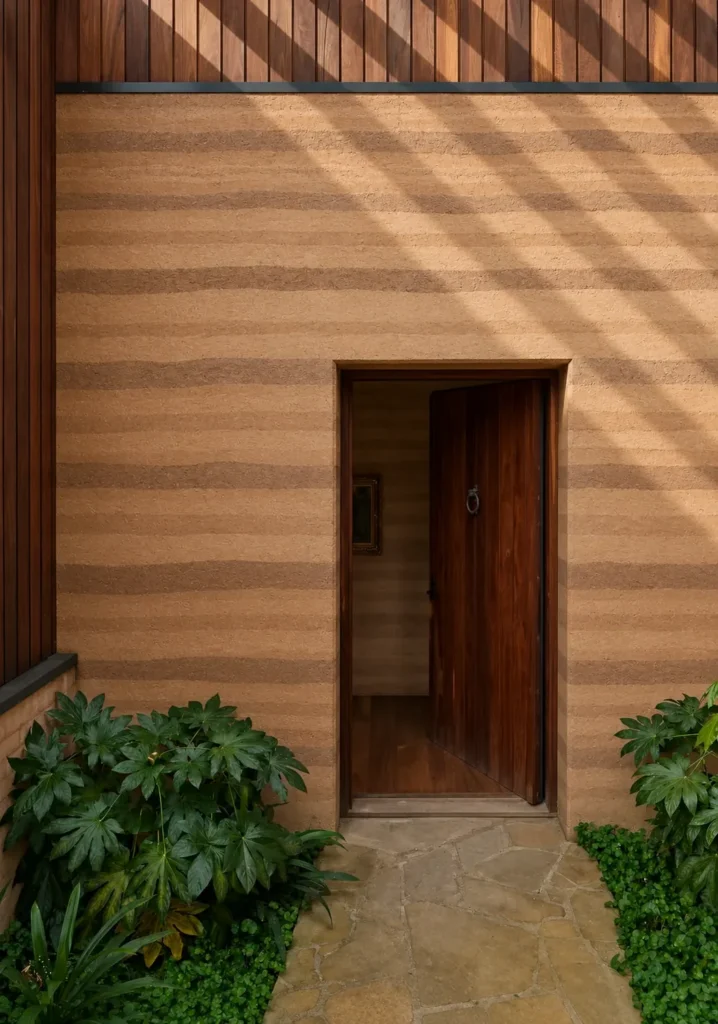 Warm layered 3D-Printed Colored Texture wall at a residential entrance with timber and garden planting