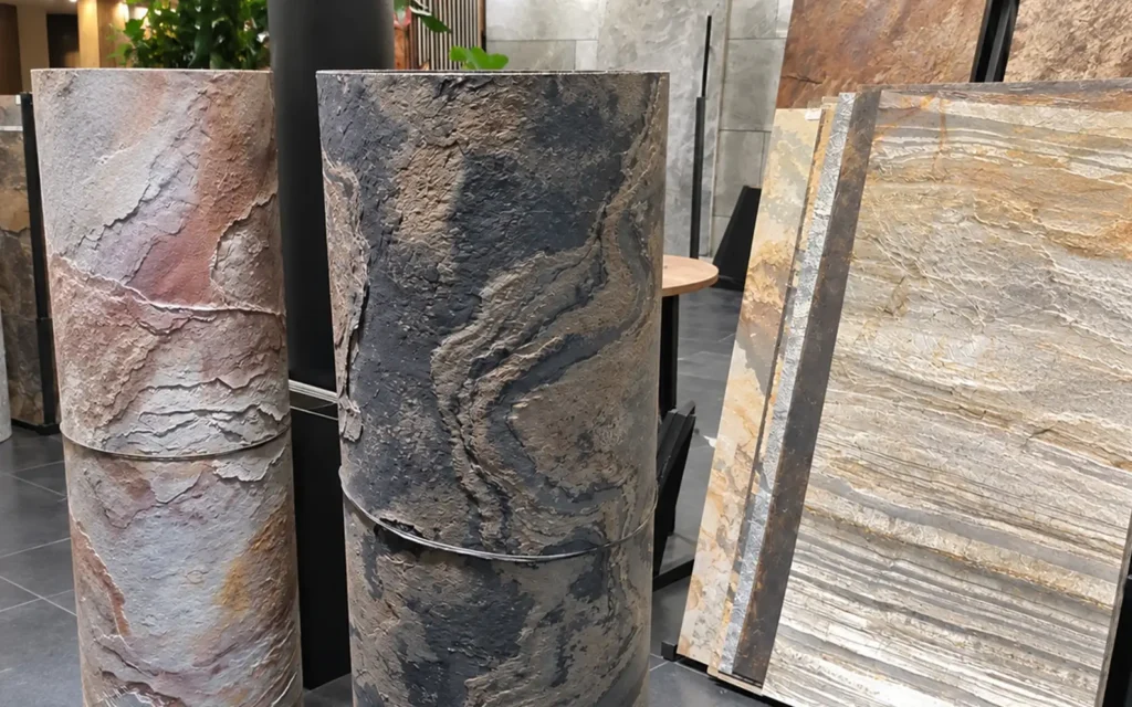 Natural stone flexible veneer with a genuine stone surface rolled for display