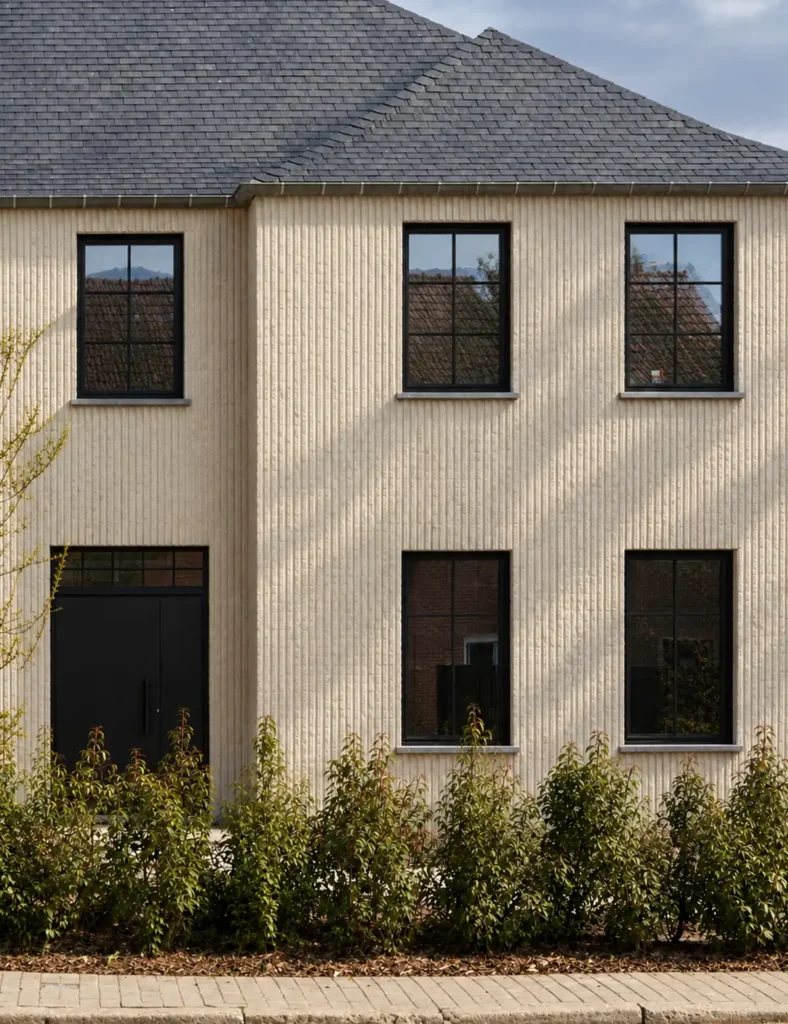 Modern residential facade finished with light beige linear flexible stone cladding in a vertical texture