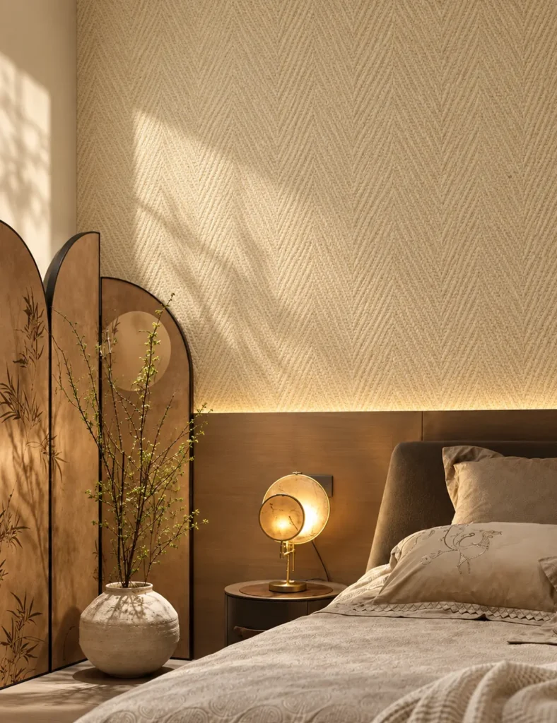 Warm beige woven stone texture flexible stone wall panel used on a bedroom feature wall