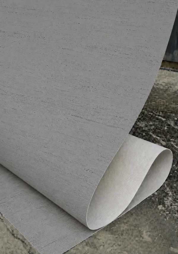 Andes Gray Flexible Travertine Veneer | YITA Andes Gray flexible travertine veneer with soft gray texture and mesh backing