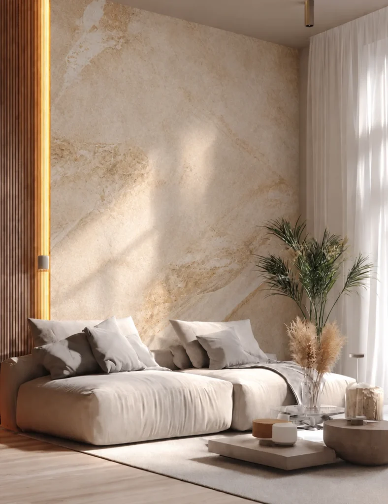 Warm beige flexible faux stone panels used on a modern living room feature wall