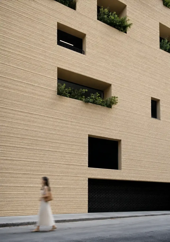 Modern building exterior featuring beige linear stone texture wall cladding with fine horizontal layers