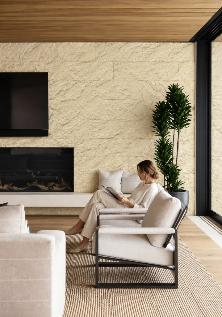 Beige Star Moon Stone Texture installed on a modern living room wall beside fireplace and timber ceiling