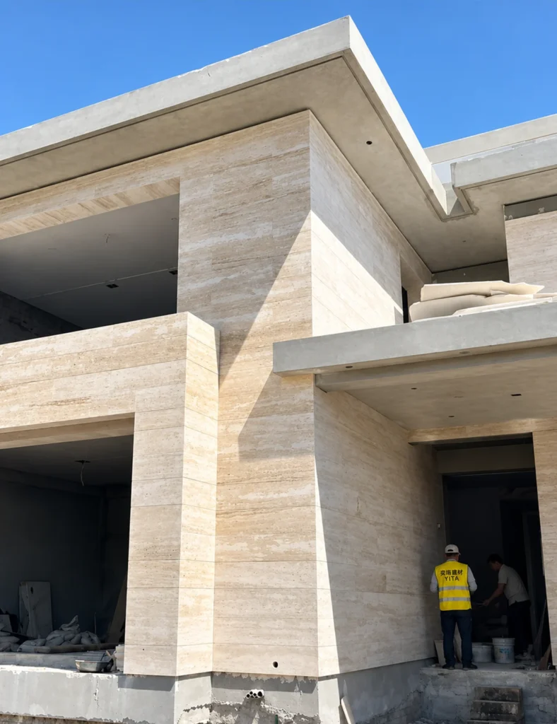 Beige travertine veneer installed on a modern villa exterior during construction