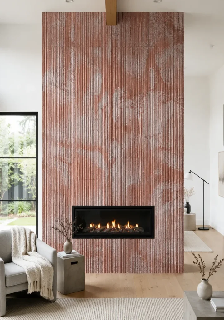 Canyon Rose linear stone texture fireplace wall with vertical stone lines in a modern interior