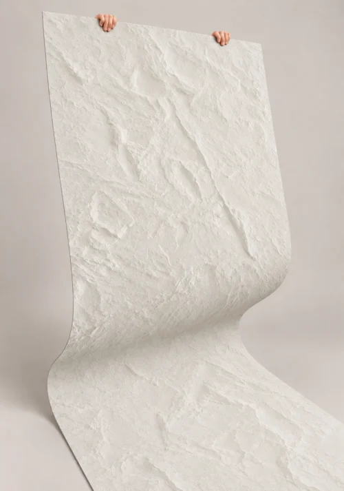 White Chiseled Stone Texture Flexible Sheet | YITA White Chiseled Stone Texture flexible stone sheet in a bendable product display