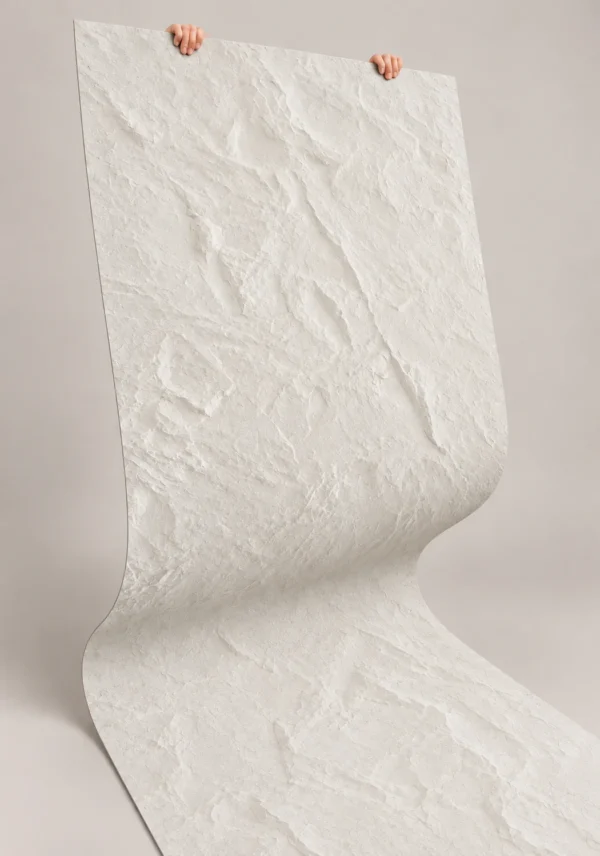 White Chiseled Stone Texture Flexible Sheet | YITA White Chiseled Stone Texture flexible stone sheet in a bendable product display