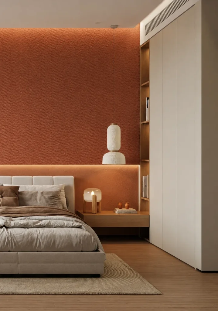 Clay Ember Woven Stone Texture used as a terracotta bedroom accent wall with fine woven pattern