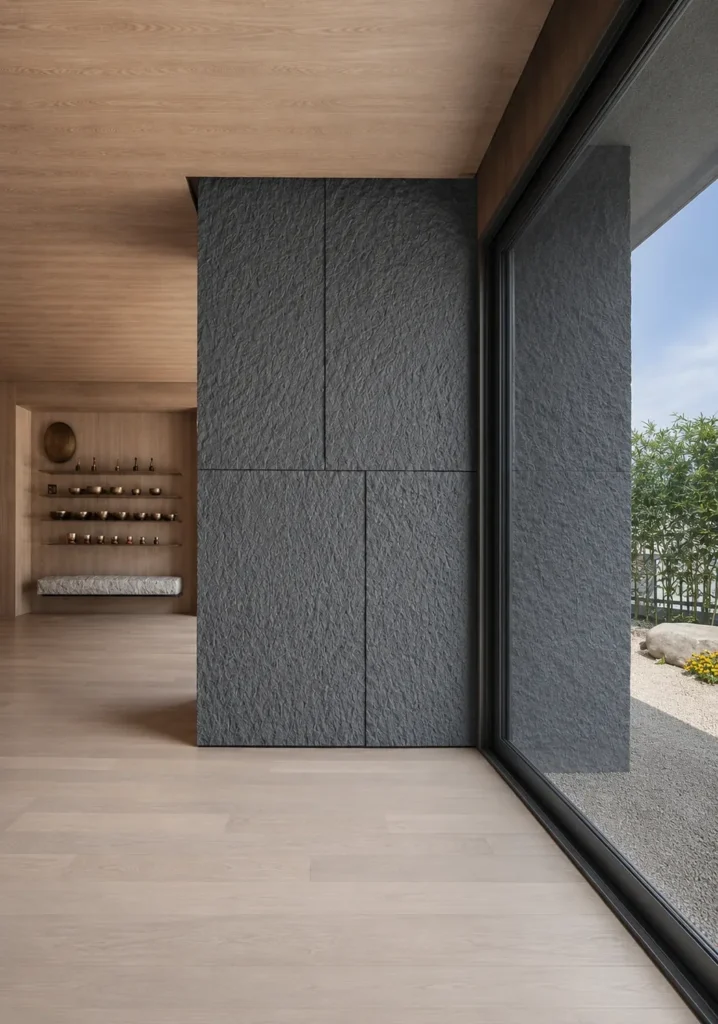 Dark gray Granite Texture panels used on an interior architectural wall beside a full-height window