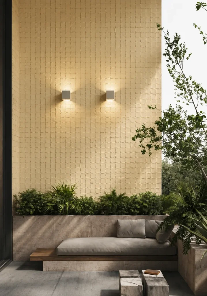 Desert Cream Mosaic Travertine on a tall courtyard wall with natural daylight and greenery