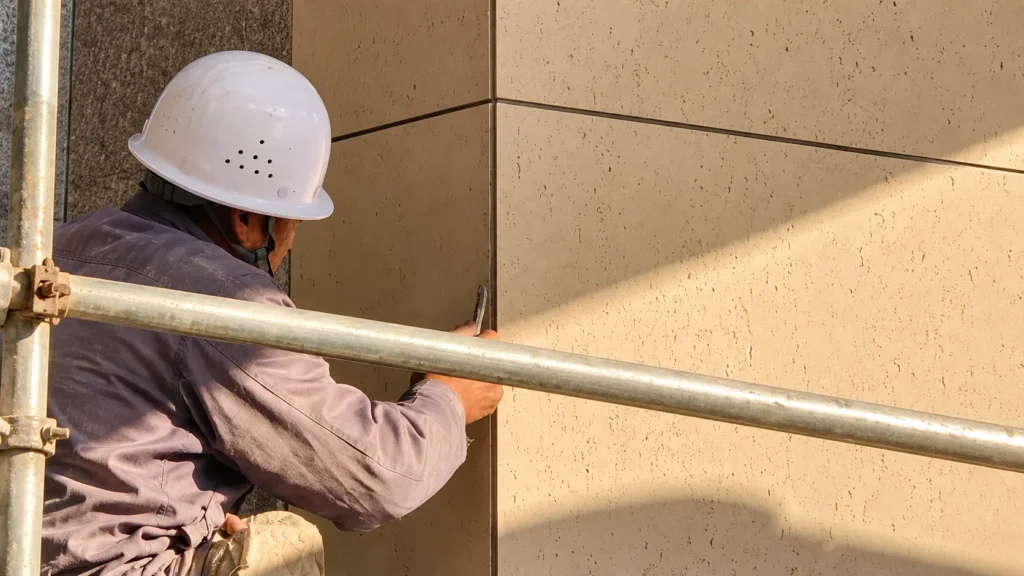 Worker adjusting flexible stone veneer panels during exterior wall installation