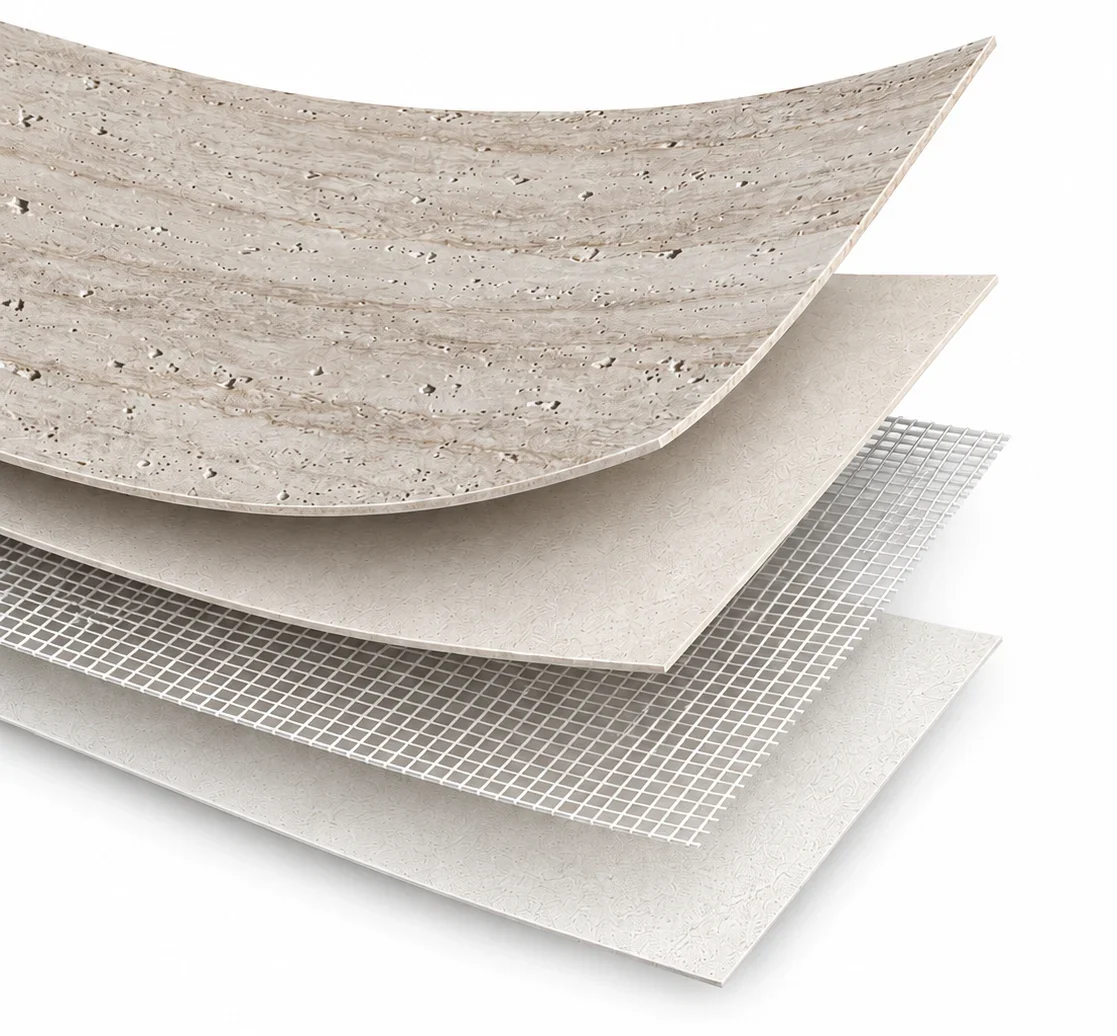 Exploded layer structure of a beige flexible stone veneer sheet with travertine texture and fiberglass mesh backing
