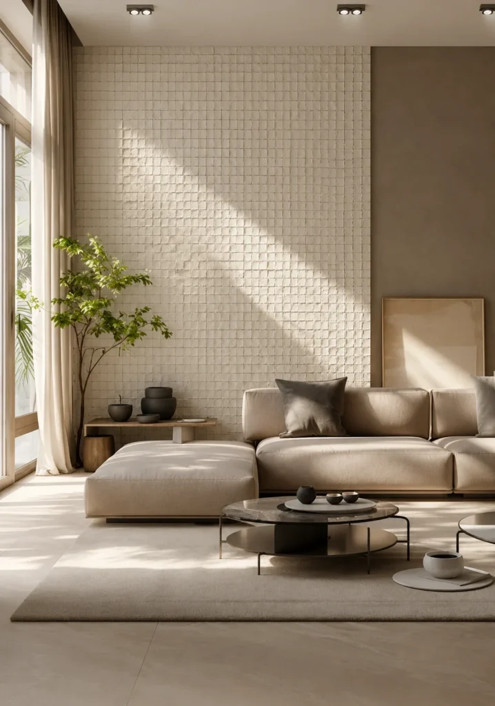 Frost White Mosaic Travertine accent wall in a neutral living room with natural light