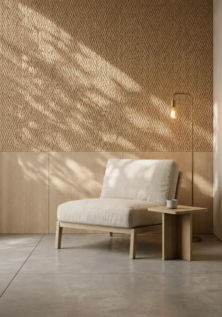 Golden Flax Woven Stone Texture used on a warm lounge wall creating a calm and relaxing interior atmosphere