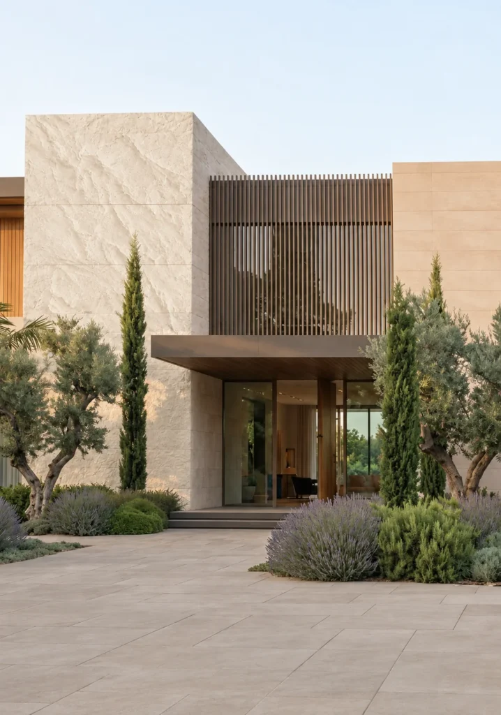 Ivory Cream Chiseled Stone Texture applied to a modern villa exterior wall with warm natural stone character
