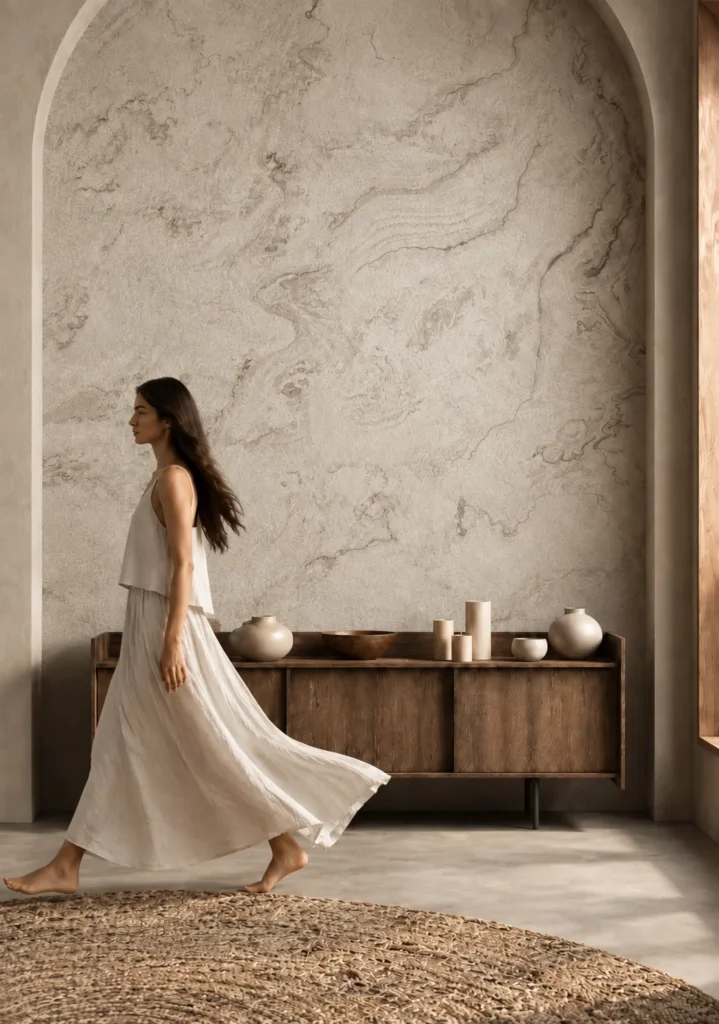 Ivory Veil Andesite Texture used on a large interior feature wall with soft warm mineral movement
