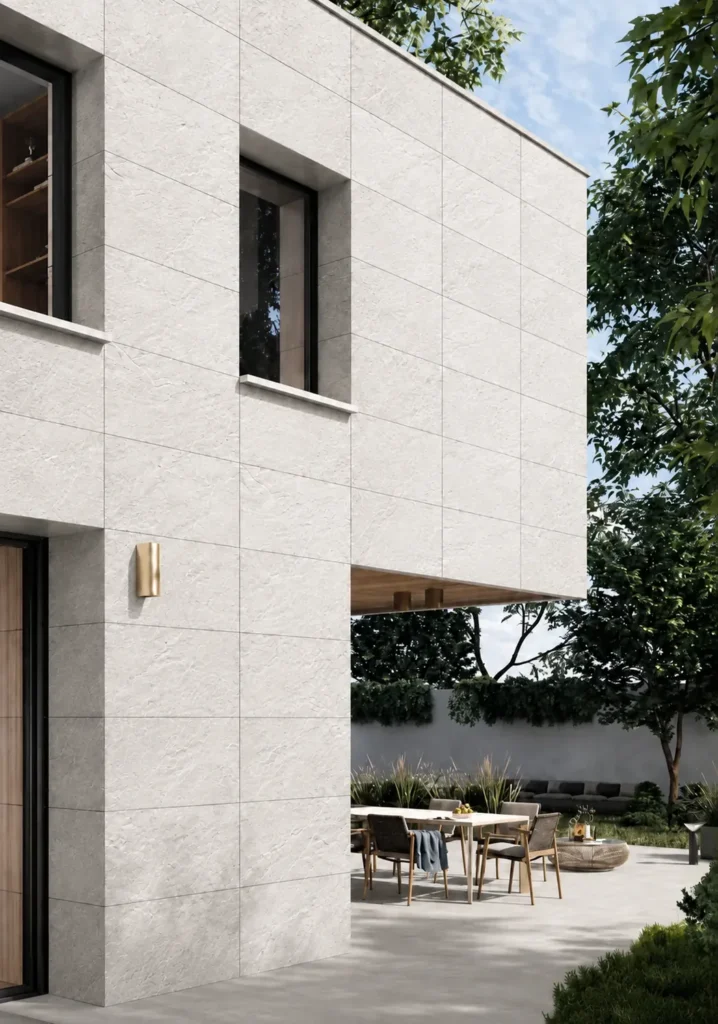 Ivory white slate veneer used on a modern residential exterior with subtle natural surface relief