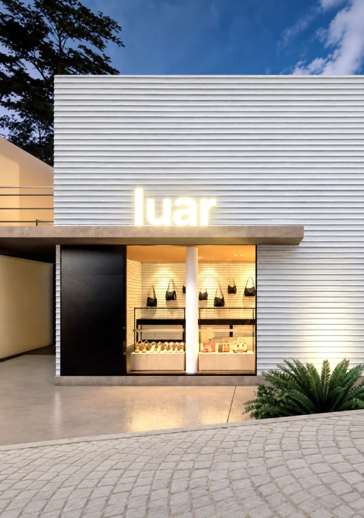 White Large Ripple textured wall panels used on a modern retail storefront exterior
