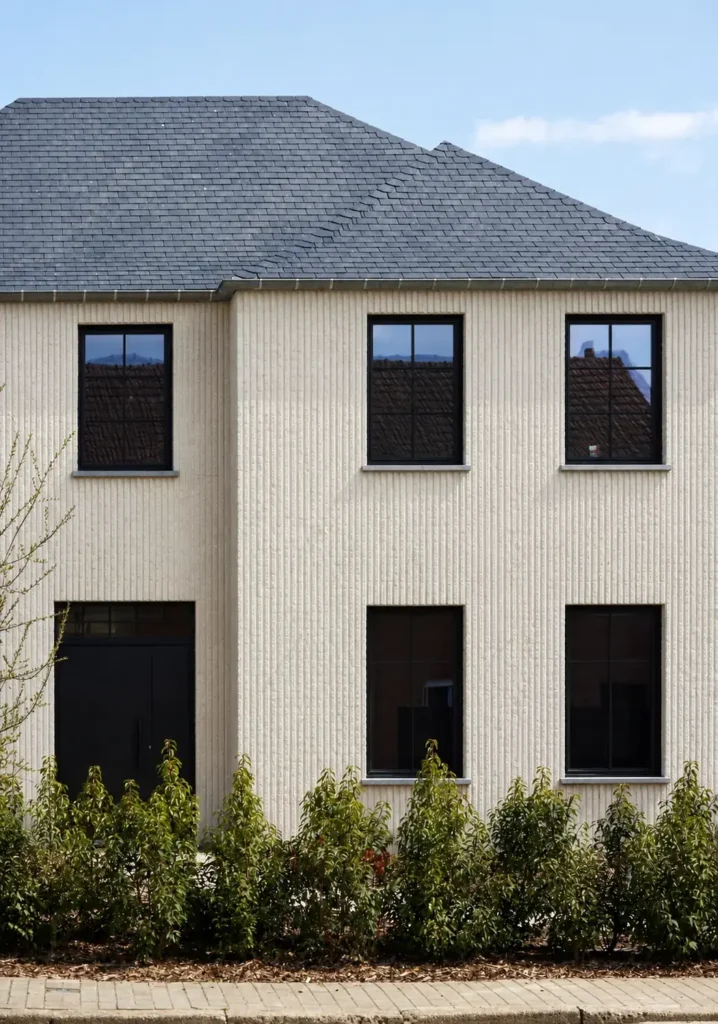 Layered stone texture wall panels used for contemporary villa facade design