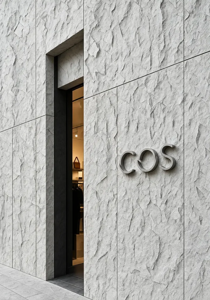 Light Gray Chiseled Stone Texture applied to a modern commercial facade with natural hand-hewn stone relief