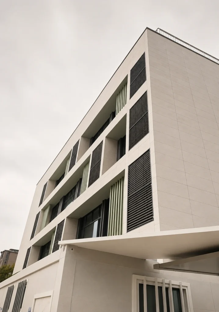 Light slate texture panels applied across a contemporary commercial building facade