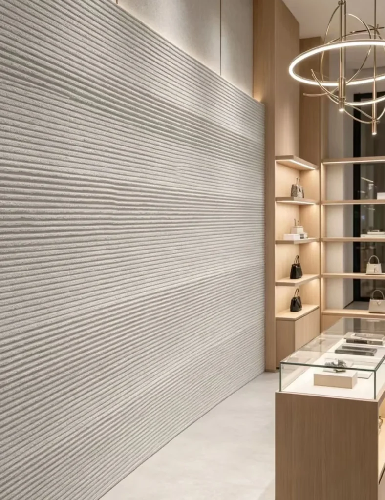 Light gray horizontal textured wall in a modern boutique retail interior