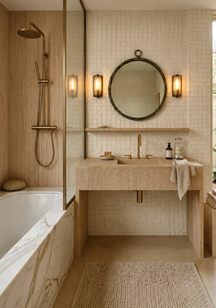 Light Mosaic Travertine surface behind a bathroom vanity with a textured square pattern
