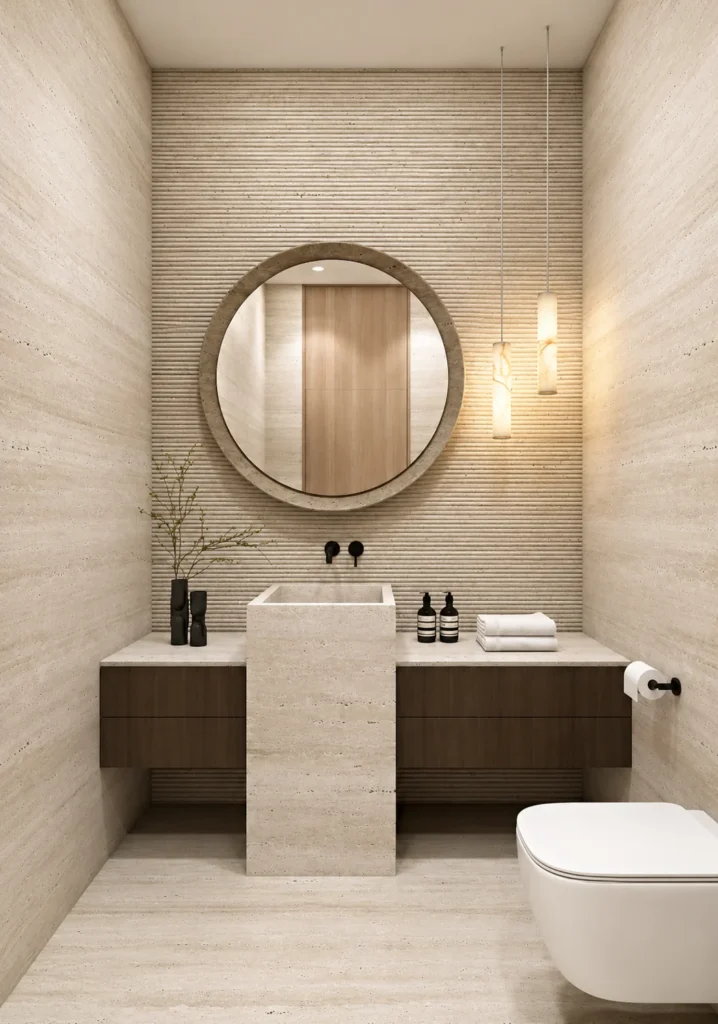 Natural travertine wall finish in a modern beige bathroom with vanity and round mirror