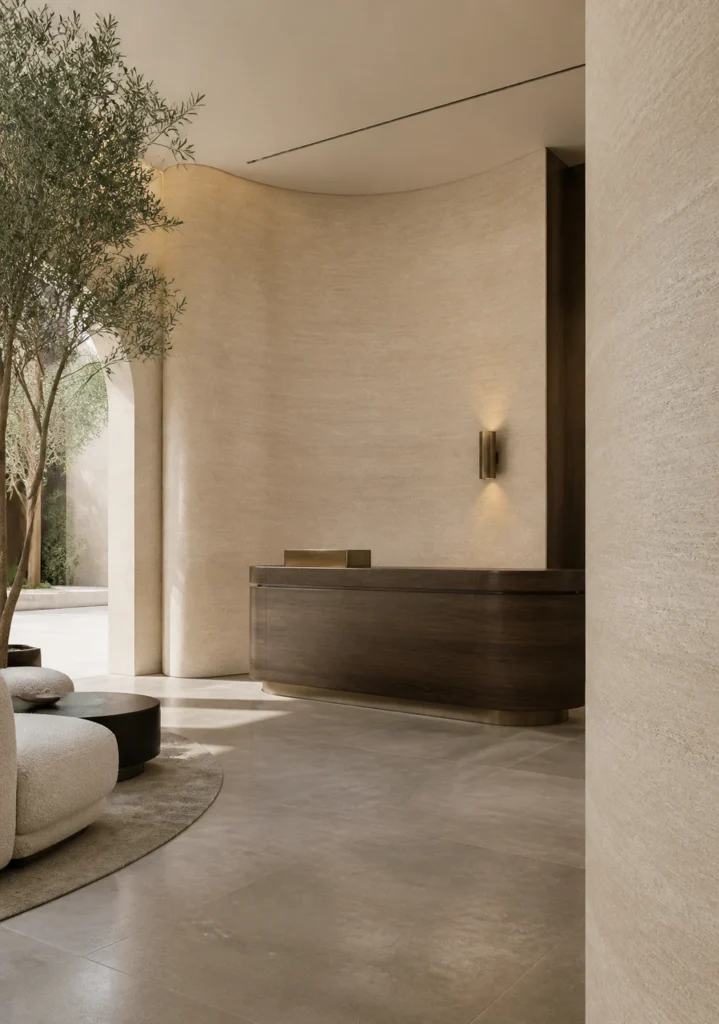 Flexible travertine stone wall finish in a modern reception area with curved surfaces and warm lighting