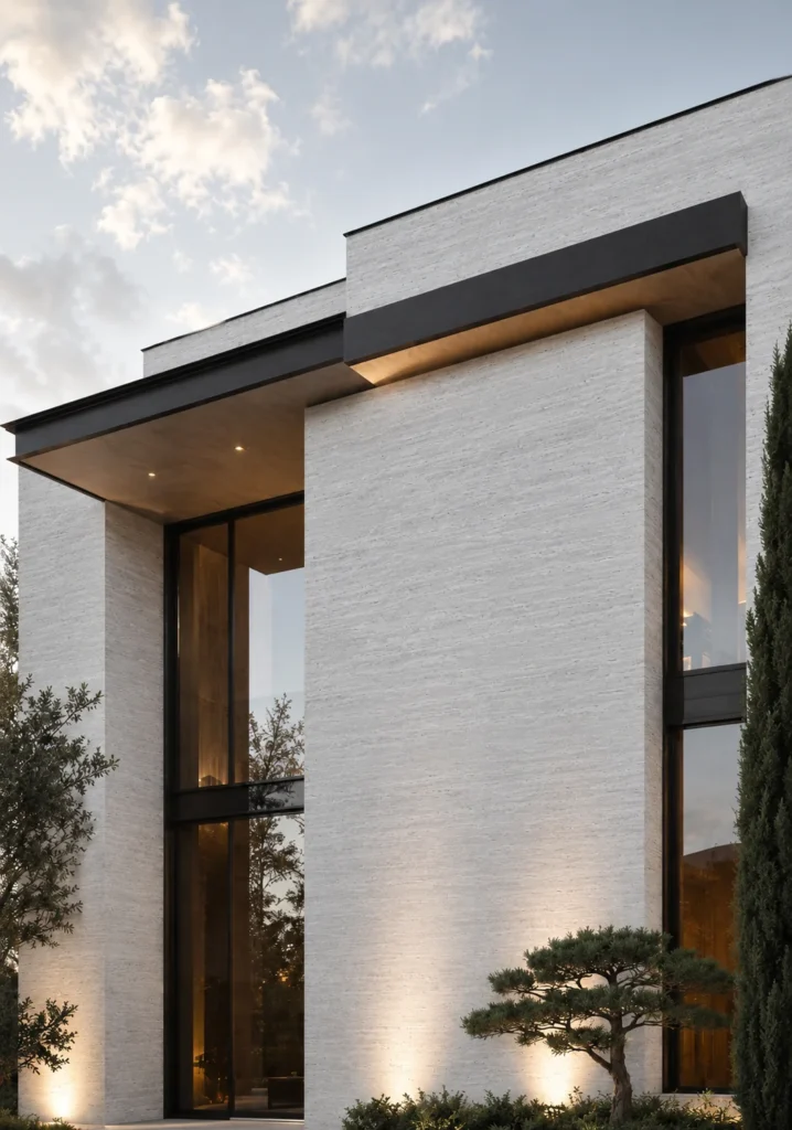 Natural travertine flexible stone on a modern villa facade with tall windows and warm lighting