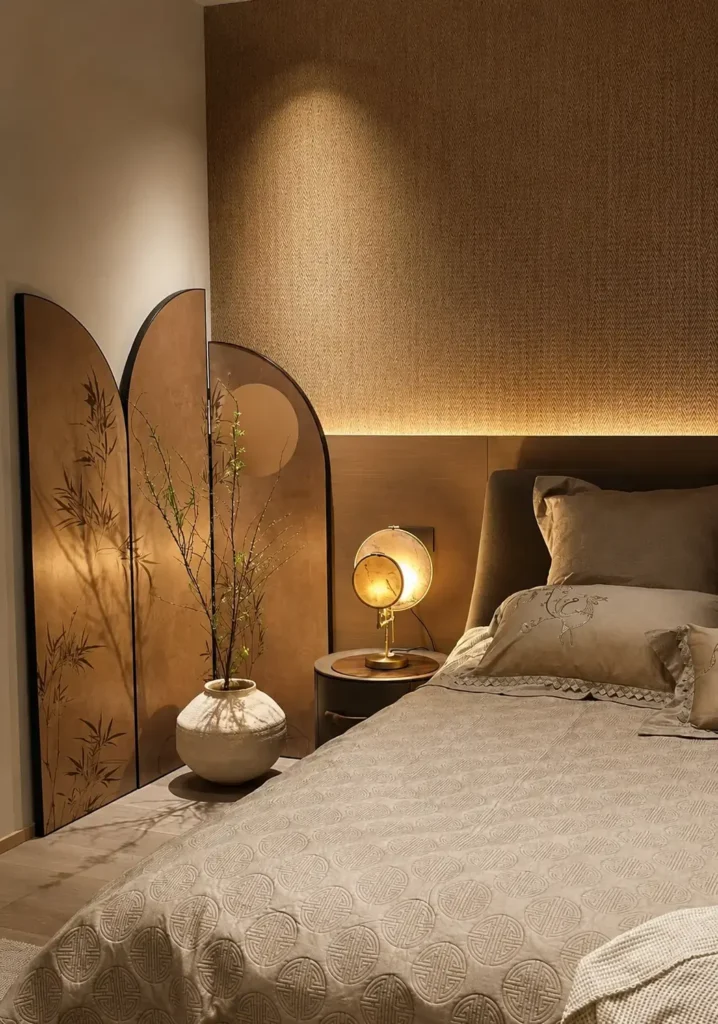 Natural Weave Woven Stone Texture used on a warm bedroom feature wall with fine woven surface detail
