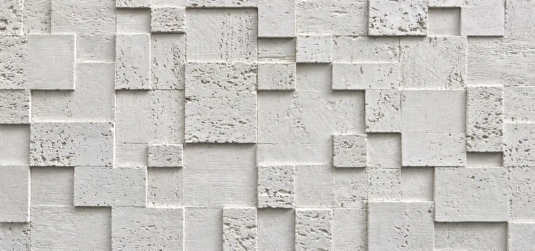 White Patterned Travertine with geometric block layout and porous stone texture