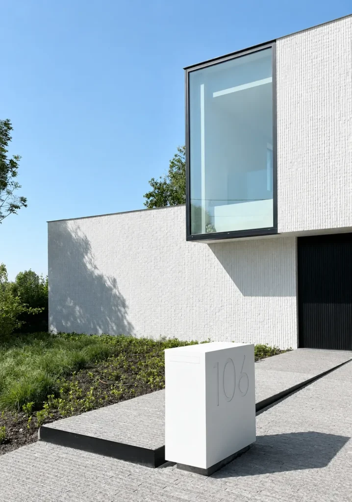 Pearl Ivory Oman Line Stone Texture used on a modern house facade with vertical linear stone texture