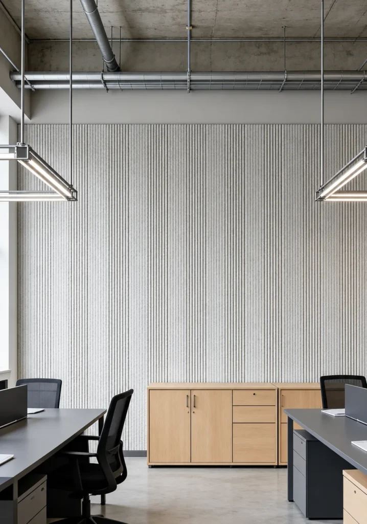 Pearl Ivory Oman Line Stone Texture used on a modern office feature wall with refined vertical linear texture