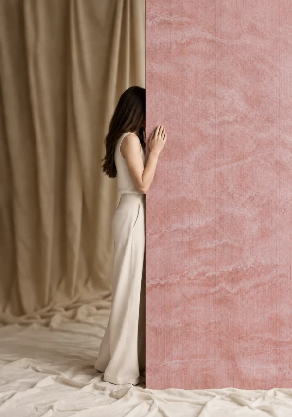Rose Drift Flowing Stone Texture Feature Wall | YITA Rose Drift Flowing Stone Texture used as a soft pink decorative feature wall with vertical linear relief