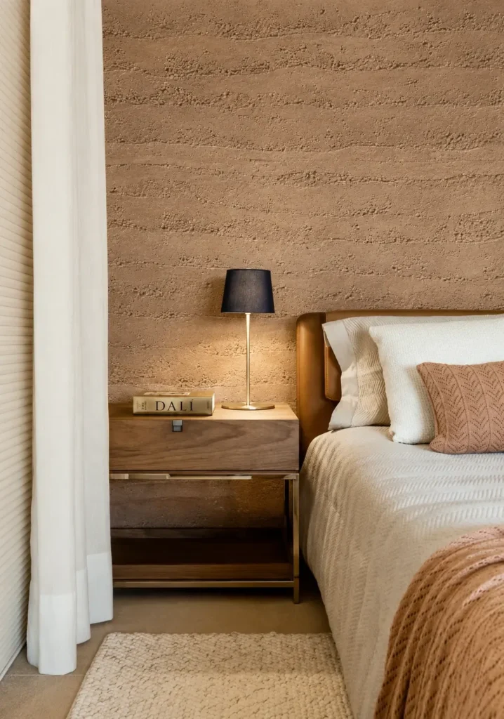 Sand Brown Solid Color Rammed Earth feature wall in a warm contemporary bedroom with layered earthen texture