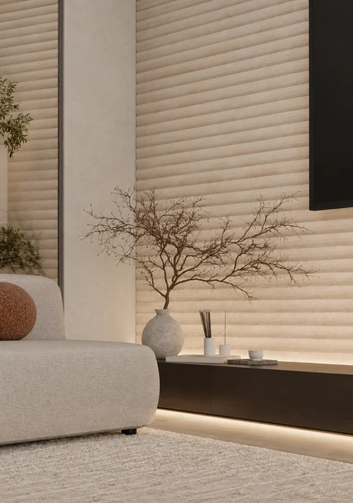 Sand Dune Large Ripple feature wall with warm beige fluted texture in a modern living room