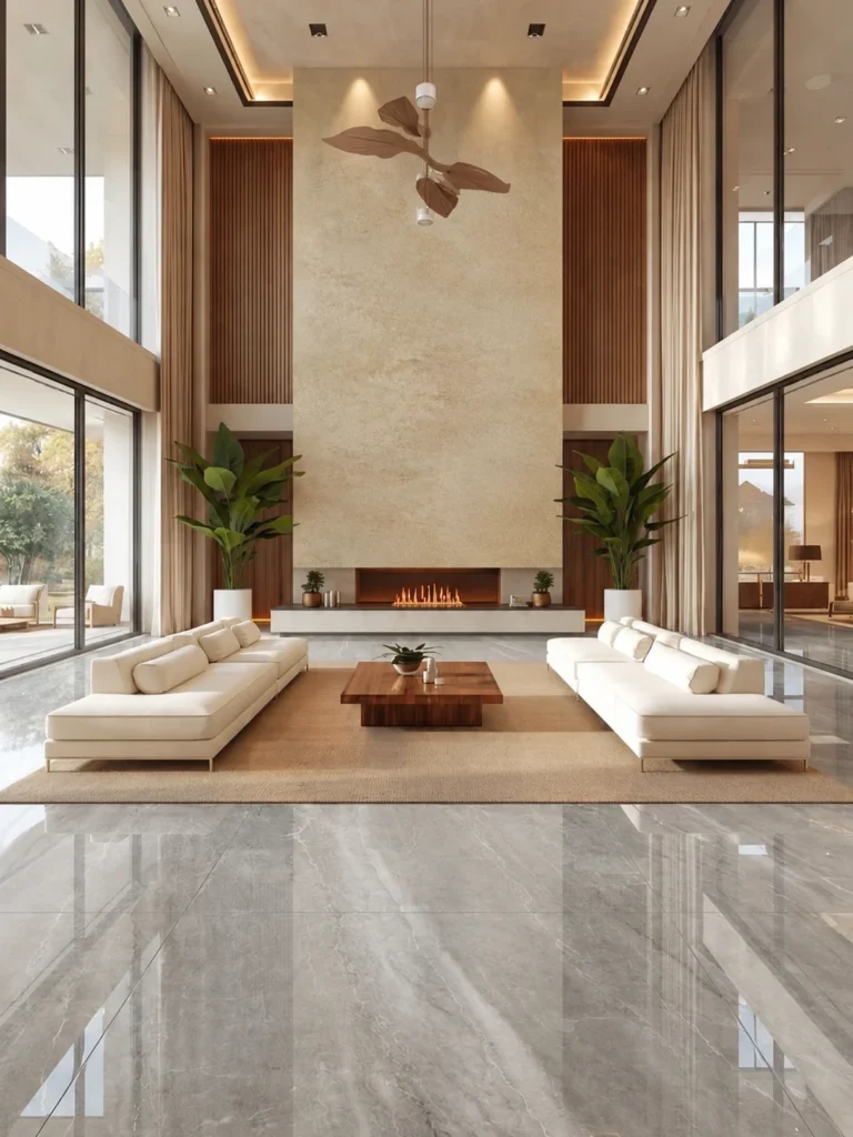 Sand Ivory Marble Texture fireplace feature wall in a double-height modern living room with warm neutral stone tones