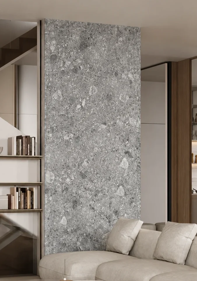 Silver Ash Andesite Texture wall panels used in a modern living room with layered gray mineral aggregates