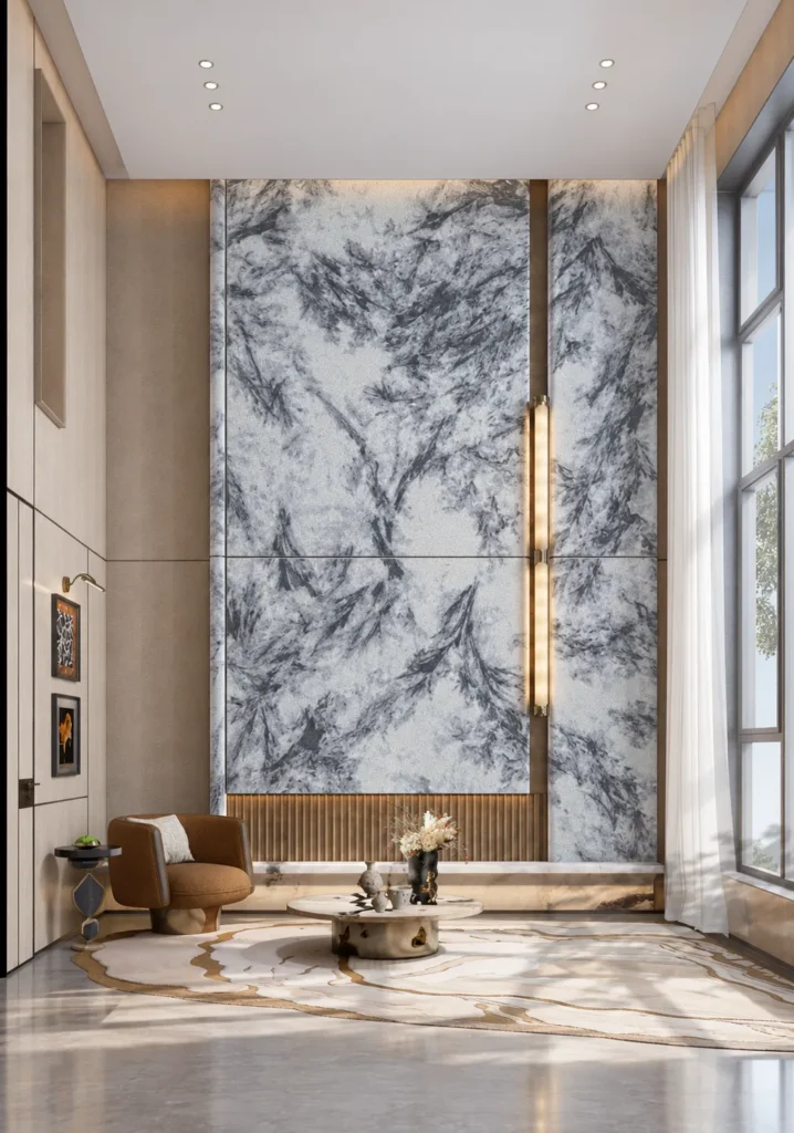 Silver Bloom Marble Texture feature wall with expressive gray mineral movement in a double-height modern living room
