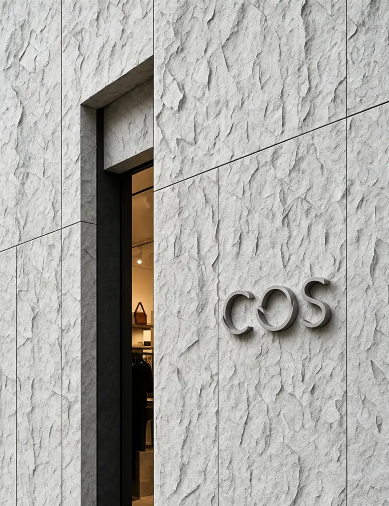 Slate-texture flexible faux stone panels used on a modern commercial storefront facade
