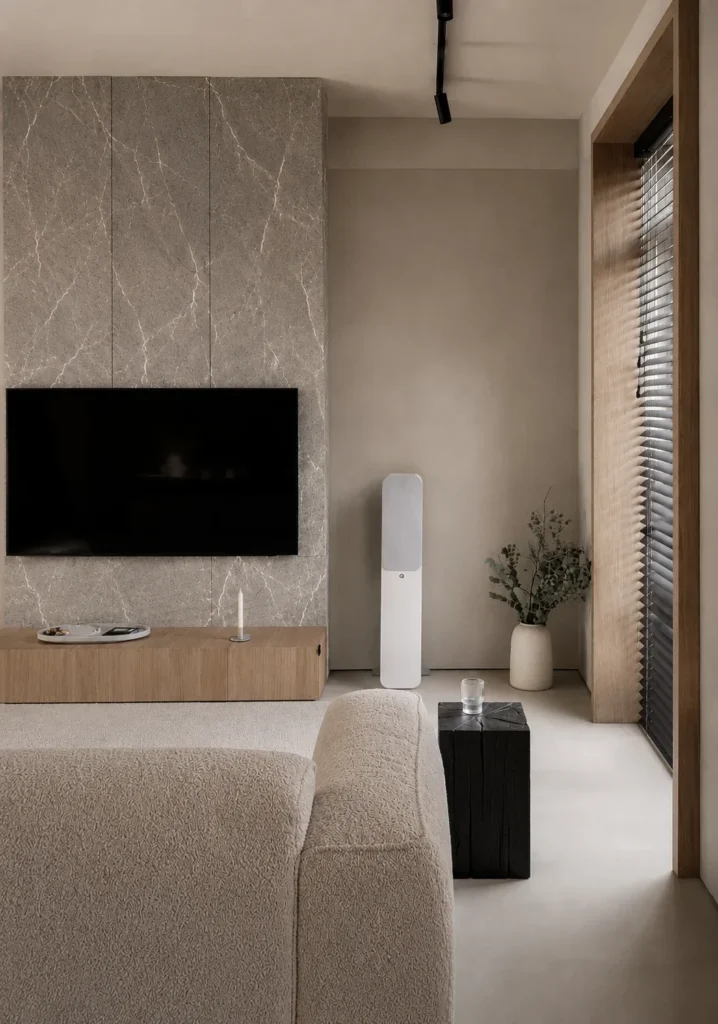 Warm Taupe Granite Texture TV feature wall with fine white mineral veining in a minimalist living room