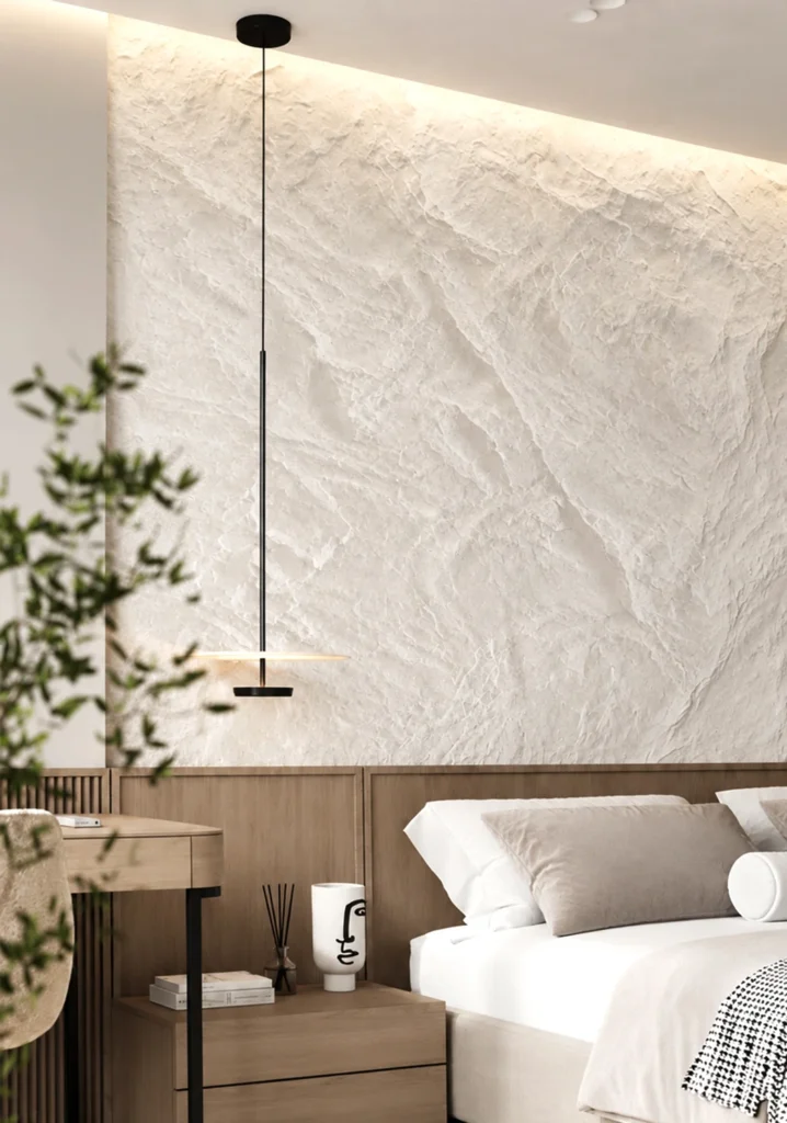 White Chiseled Stone Texture bedroom feature wall with natural hand-hewn relief and soft ambient lighting