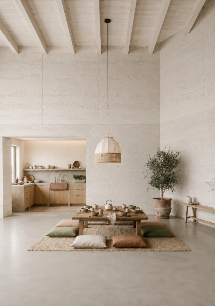 White Solid Color Rammed Earth walls in a warm minimalist dining interior with soft horizontal earthen layers